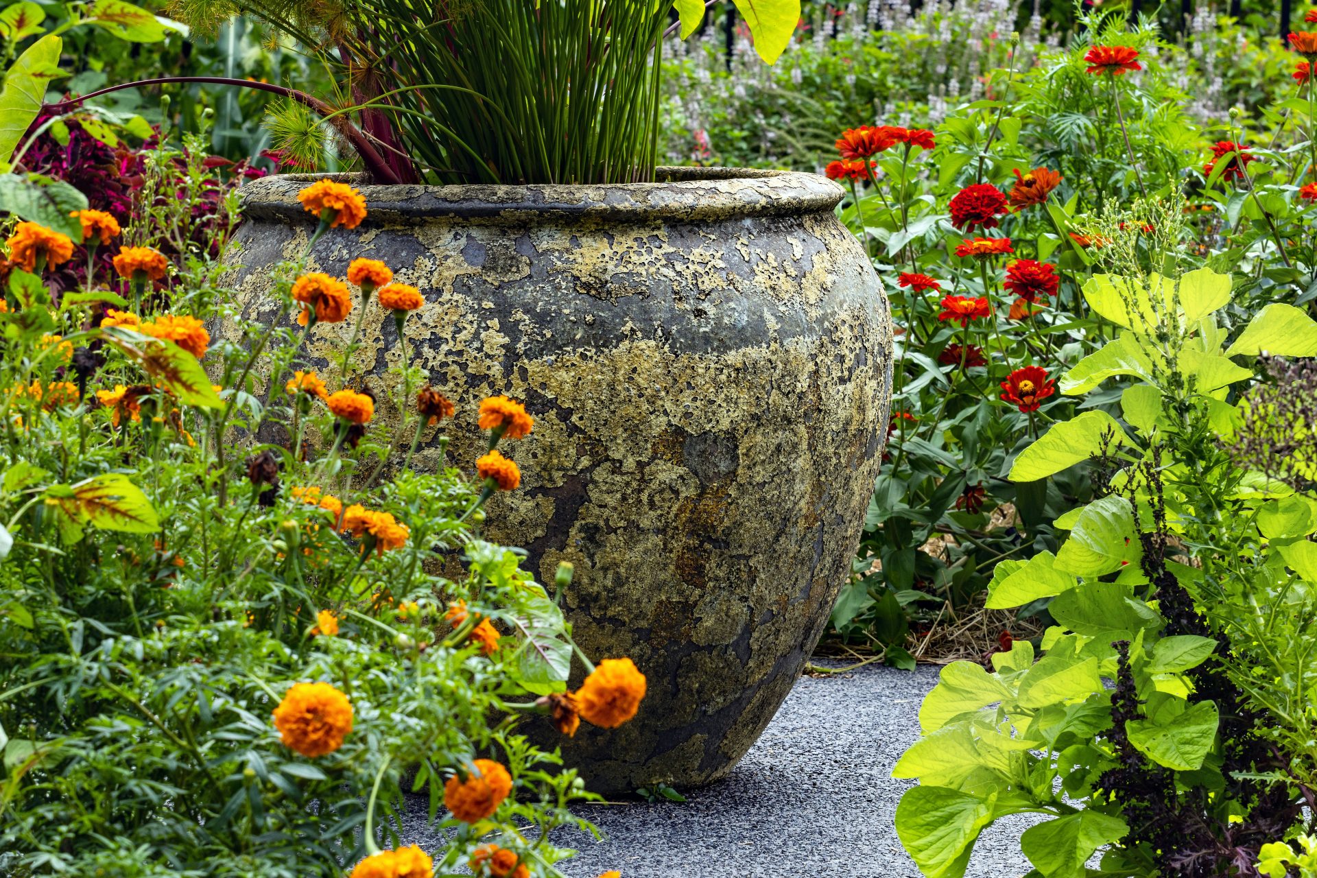 a large vase sitting in the middle of a garden filled with flowers